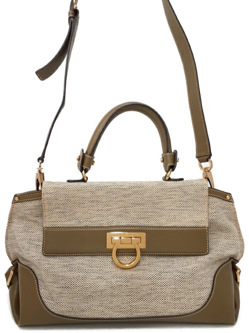 Salvatore Ferragamo Gancini canvas leather 2way bag khaki olive leather